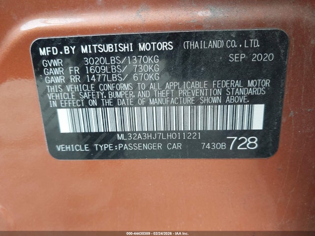 Aukcja sprzedaży 2020 Mitsubishi Mirage Es/se, vin: ML32A3HJ7LH011221, numer aukcji: 44430389