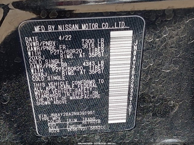Aukcja sprzedaży 2022 Nissan Armada Sl 2wd, vin: JN8AY2BA2N9391951, numer aukcji: 44430409