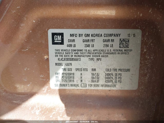 Auction sale of the 2016 Buick Encore, vin: KL4CJESB3GB586613, lot number: 44430447