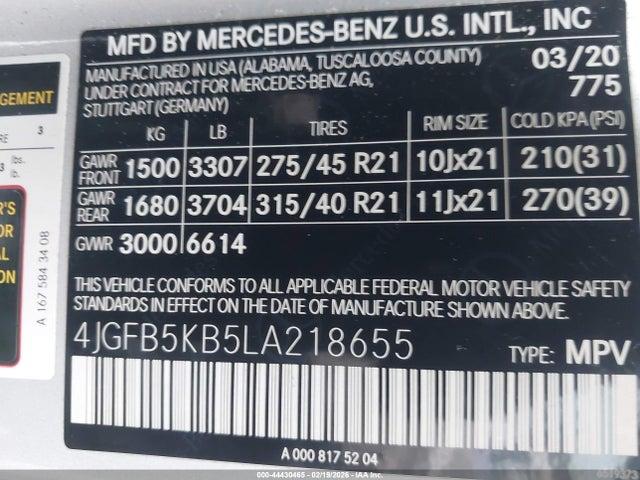 2020 Mercedes-benz Gle 450 4matic მანქანა იყიდება აუქციონზე, vin: 4JGFB5KB5LA218655, აუქციონის ნომერი: 44430465