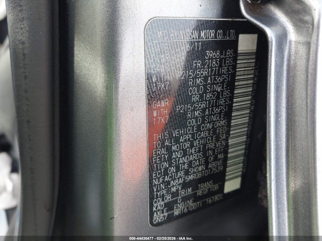 44430477 :رقم المزاد ، JN8AF5MR0BT017539 vin ، 2011 Nissan Juke Sv مزاد بيع