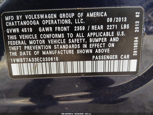 44430514 :رقم المزاد ، 1VWBT7A33EC030615 vin ، 2014 Volkswagen Passat 1.8t Se مزاد بيع