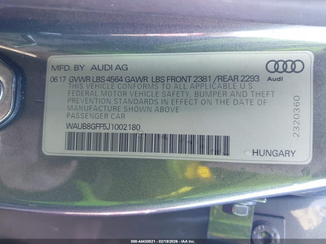 Aukcja sprzedaży 2018 Audi A3 2.0t Premium/2.0t Tech Premium, vin: WAUB8GFF5J1002180, numer aukcji: 44430521