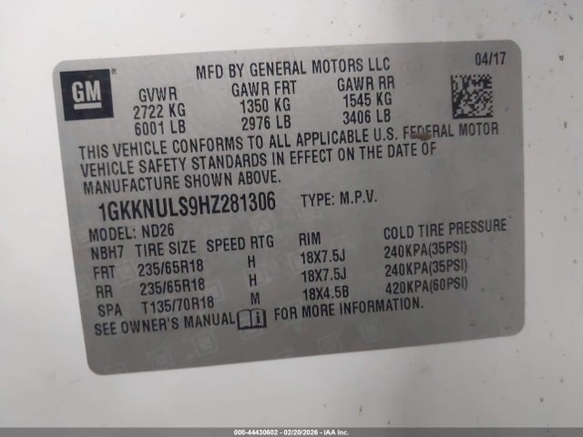 Aukcja sprzedaży 2017 Gmc Acadia Slt-1, vin: 1GKKNULS9HZ281306, numer aukcji: 44430602