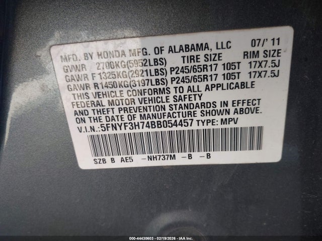 2011 HONDA PILOT 5FNYF3H74BB054457 Photo 8