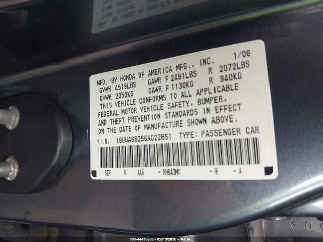 Aukcja sprzedaży 2006 Acura Tl, vin: 19UUA66256A022851, numer aukcji: 44430693