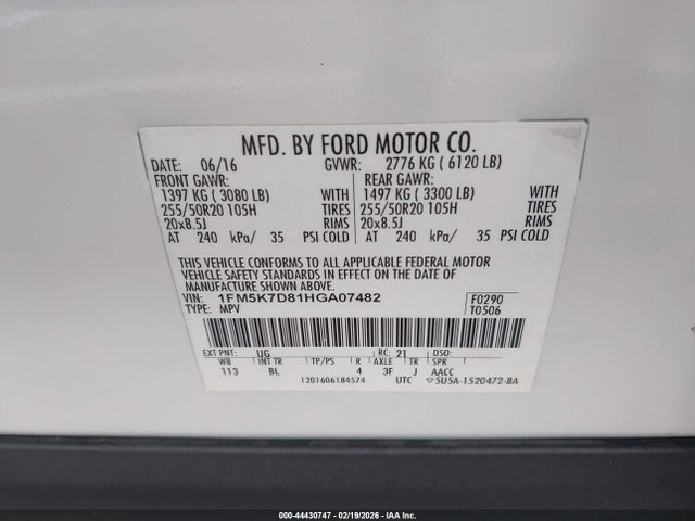 44430747 :رقم المزاد ، 1FM5K7D81HGA07482 vin ، 2017 Ford Explorer Xlt مزاد بيع