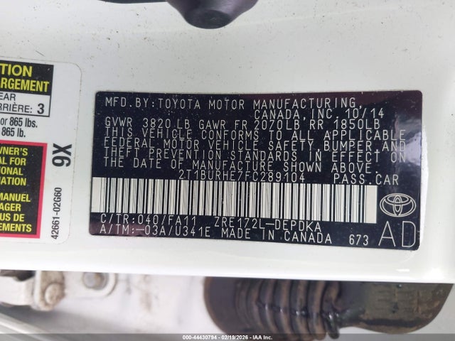 44430794 :رقم المزاد ، 2T1BURHE7FC289104 vin ، 2015 Toyota Corolla L مزاد بيع