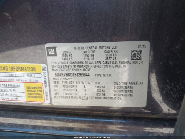 44430798 :رقم المزاد ، 5GAKVBKD7FJ259644 vin ، 2015 Buick Enclave Leather مزاد بيع