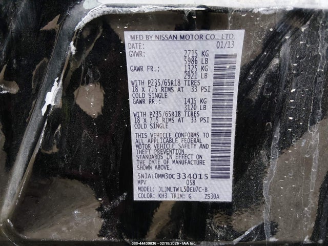 2013 Infiniti Jx35 მანქანა იყიდება აუქციონზე, vin: 5N1AL0MM3DC334015, აუქციონის ნომერი: 44430836