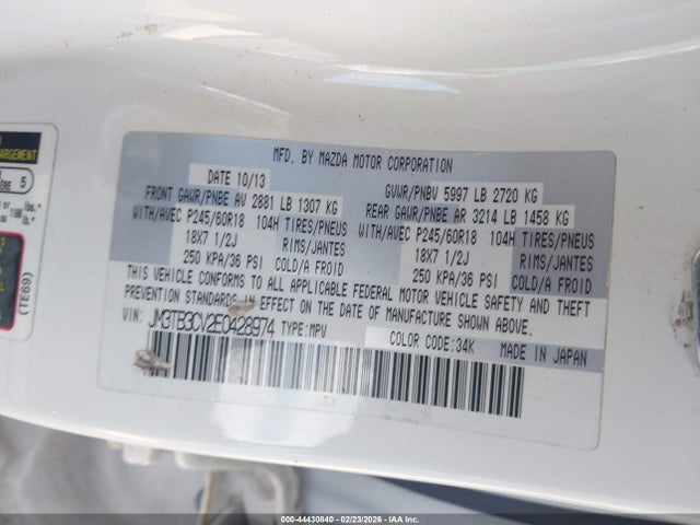 Aukcja sprzedaży 2014 Mazda Cx-9 Touring, vin: JM3TB3CV2E0428974, numer aukcji: 44430840