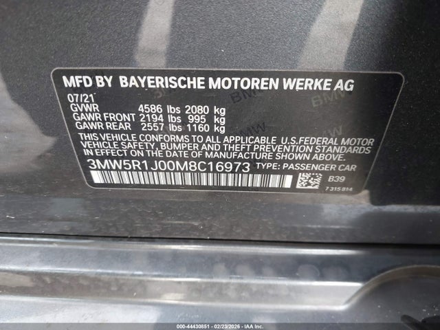 Aukcja sprzedaży 2021 Bmw 330i, vin: 3MW5R1J00M8C16973, numer aukcji: 44430851