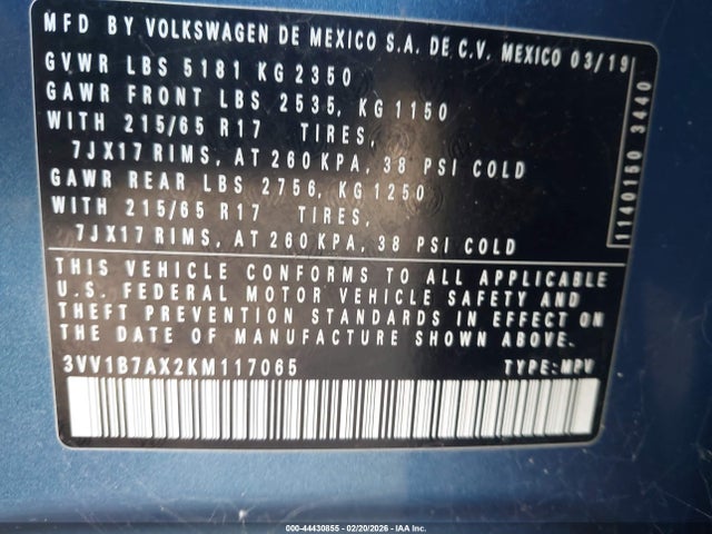 Aukcja sprzedaży 2019 Volkswagen Tiguan 2.0t S, vin: 3VV1B7AX2KM117065, numer aukcji: 44430855