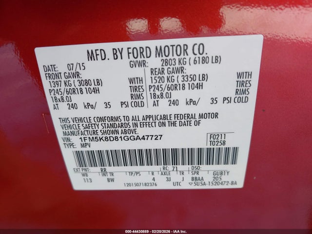 Ford EXPLORER XLT 2016 1FM5K8D81GGA47727 Image 9