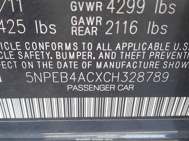 44430916 :رقم المزاد ، 5NPEB4ACXCH328789 vin ، 2012 Hyundai Sonata Gls مزاد بيع