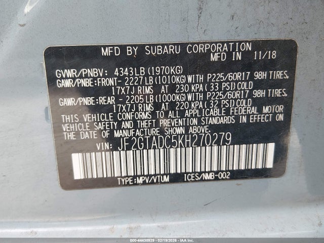 Продаж на аукціоні авто 2019 Subaru Crosstrek 2.0i Premium, vin: JF2GTADC5KH270279, номер лоту: 44430929
