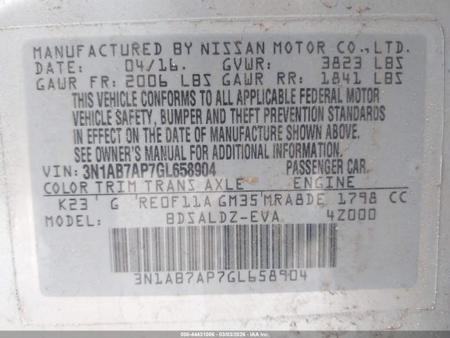 44431006 :رقم المزاد ، 3N1AB7AP7GL658904 vin ، 2016 Nissan Sentra Fe+ S/s/sl/sr/sv مزاد بيع