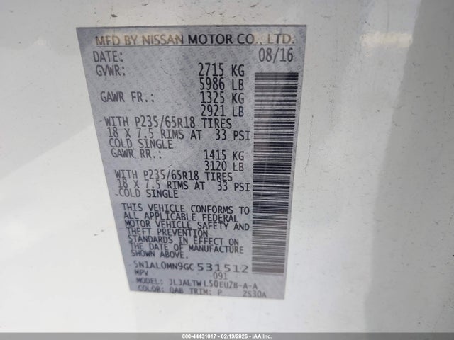 Aukcja sprzedaży 2016 Infiniti Qx60, vin: 5N1AL0MN9GC531512, numer aukcji: 44431017