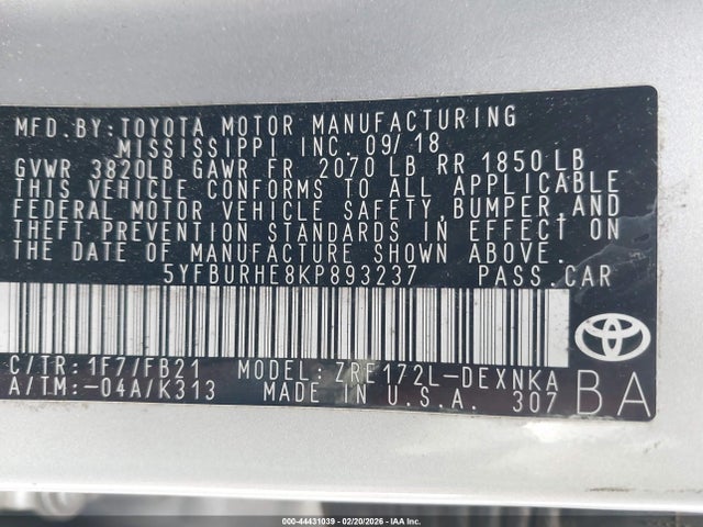 2019 TOYOTA COROLLA 5YFBURHE8KP893237 Photo 8