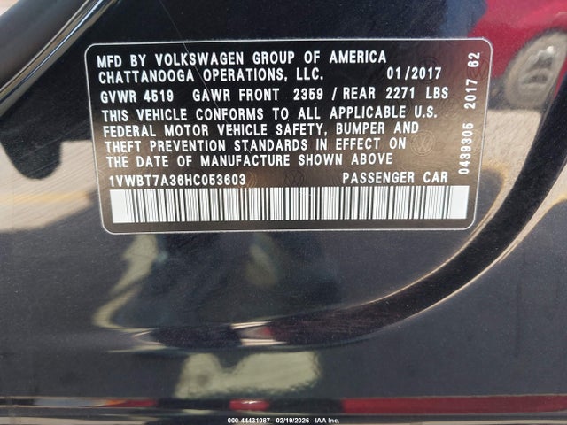 Продаж на аукціоні авто 2017 Volkswagen Passat 1.8t Se, vin: 1VWBT7A36HC053603, номер лоту: 44431087