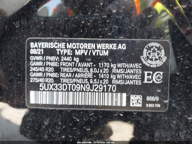44431098 :رقم المزاد ، 5UX33DT09N9J29170 vin ، 2022 Bmw X4 Xdrive30i مزاد بيع