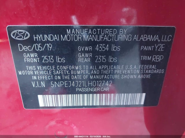 5NPEJ4J21LH012742 Hyundai Sonata Sel Plus