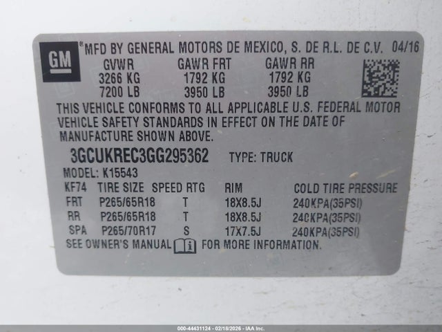 3GCUKREC3GG295362 Chevrolet Silverado 1500 2lt
