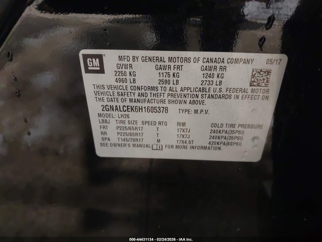 2017 Chevrolet Equinox Lt მანქანა იყიდება აუქციონზე, vin: 2GNALCEK6H1605378, აუქციონის ნომერი: 44431134