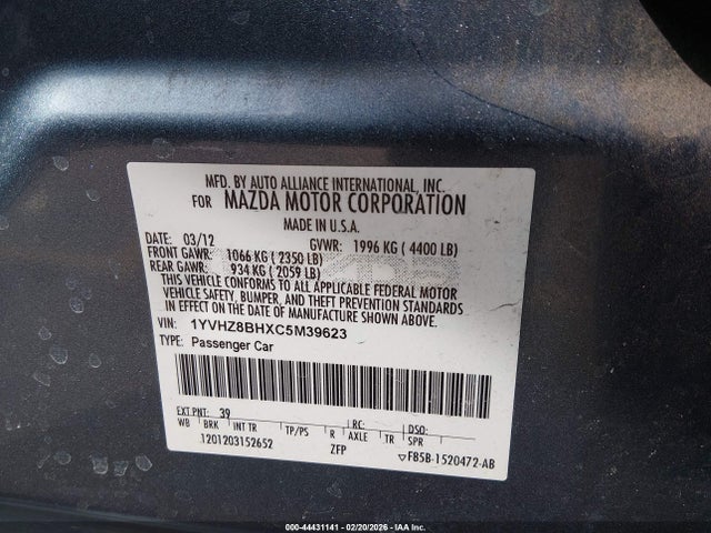 2012 Mazda Mazda6 I Sport მანქანა იყიდება აუქციონზე, vin: 1YVHZ8BHXC5M39623, აუქციონის ნომერი: 44431141