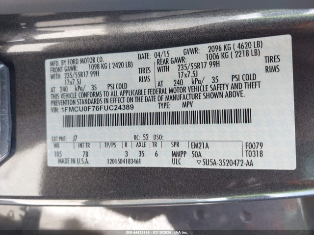 44431169 :رقم المزاد ، 1FMCU0F76FUC24389 vin ، 2015 Ford Escape S مزاد بيع