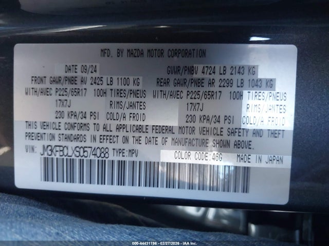 44431196 :رقم المزاد ، JM3KFBCLXS0574088 vin ، 2025 Mazda Cx-5 2.5 S Preferred مزاد بيع
