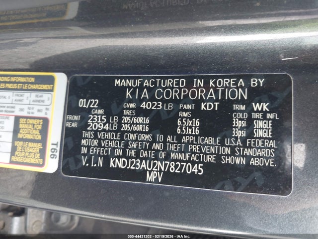 Aukcja sprzedaży 2022 Kia Soul S, vin: KNDJ23AU2N7827045, numer aukcji: 44431202