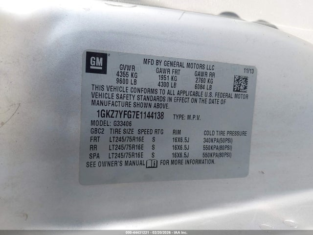 Продажа на аукционе авто 2014 Gmc Savana 3500 Lt, vin: 1GKZ7YFG7E1144138, номер лота: 44431221