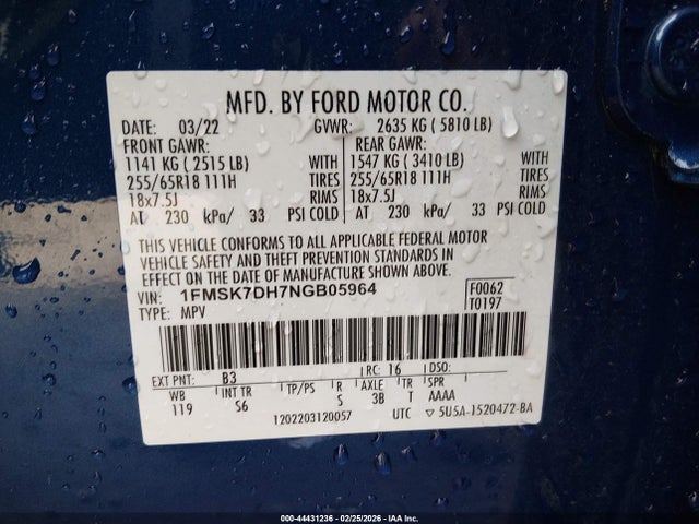 Aukcja sprzedaży 2022 Ford Explorer Xlt, vin: 1FMSK7DH7NGB05964, numer aukcji: 44431236