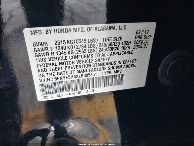 5FNYF5H6XLB005851 Honda Pilot 2wd Touring 7 Passenger