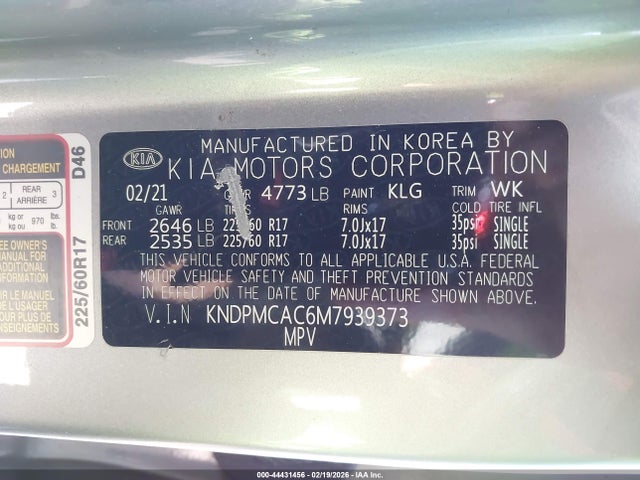 Продажа на аукционе авто 2021 Kia Sportage Lx, vin: KNDPMCAC6M7939373, номер лота: 44431456