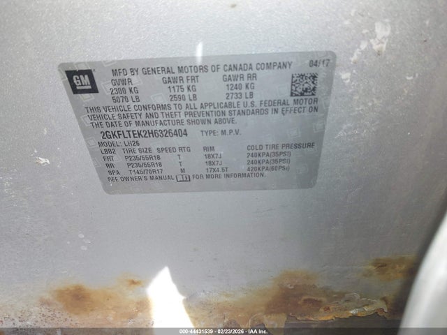 Aukcja sprzedaży 2017 Gmc Terrain Sle-2, vin: 2GKFLTEK2H6326404, numer aukcji: 44431539