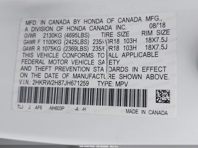2HKRW2H87JH671259 Honda Cr-v Ex-l/ex-l Navi
