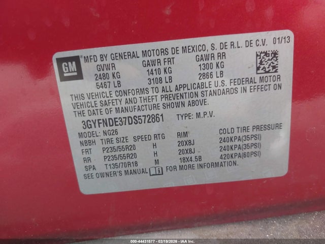 44431577 :رقم المزاد ، 3GYFNDE37DS572861 vin ، 2013 Cadillac Srx Performance Collection مزاد بيع