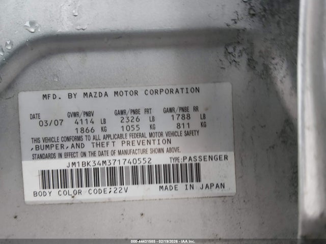 44431585 :رقم المزاد ، JM1BK34M371740552 vin ، 2007 Mazda Mazdaspeed3 Sport مزاد بيع