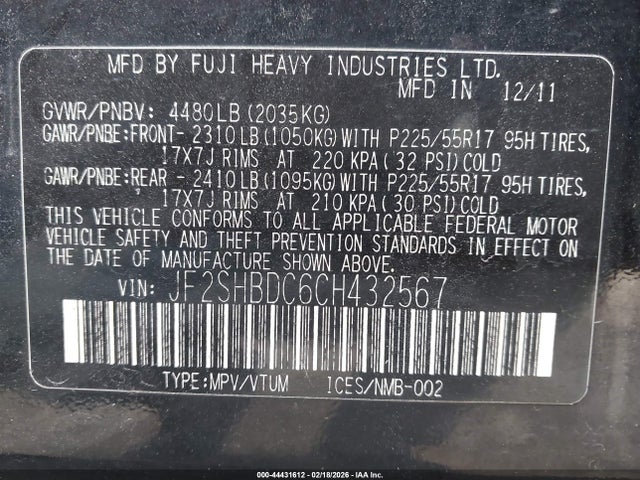 Aukcja sprzedaży 2012 Subaru Forester 2.5x Premium, vin: JF2SHBDC6CH432567, numer aukcji: 44431612