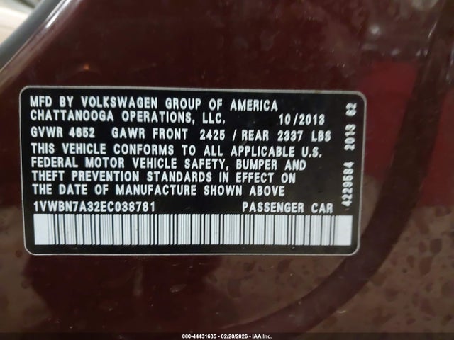 2014 Volkswagen Passat 2.0l Tdi Se მანქანა იყიდება აუქციონზე, vin: 1VWBN7A32EC038781, აუქციონის ნომერი: 44431635