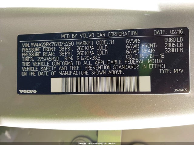 Auction sale of the 2016 Volvo Xc90 T6 Momentum, vin: YV4A22PK7G1075250, lot number: 44431639