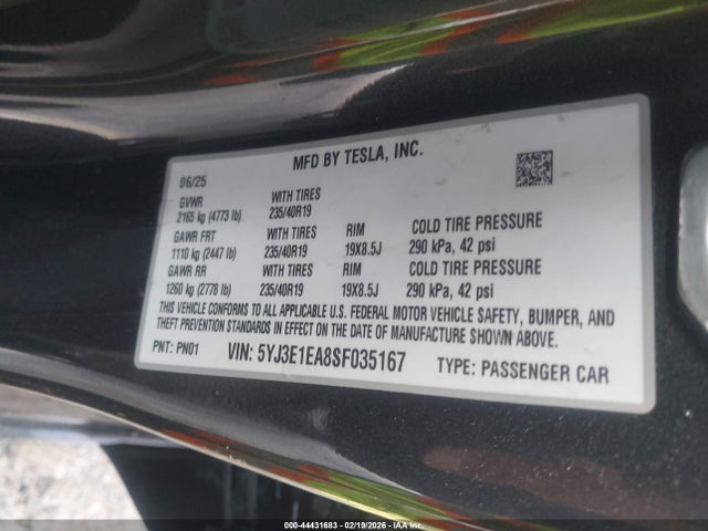 Aukcja sprzedaży 2025 Tesla Model 3 Long Range Rear-wheel Drive/standard Rear-wheel Drive, vin: 5YJ3E1EA8SF035167, numer aukcji: 44431683