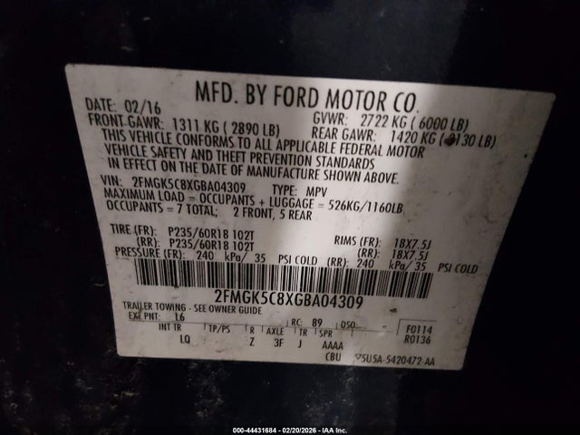 Aukcja sprzedaży 2016 Ford Flex Sel, vin: 2FMGK5C8XGBA04309, numer aukcji: 44431684