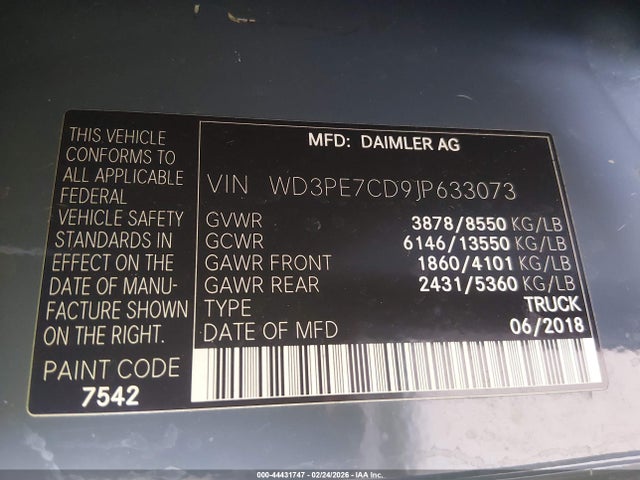 2018 Mercedes-benz Sprinter 2500 Standard Roof V6 მანქანა იყიდება აუქციონზე, vin: WD3PE7CD9JP633073, აუქციონის ნომერი: 44431747
