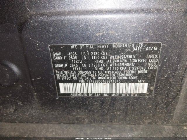 2016 Subaru Outback 2.5i Premium მანქანა იყიდება აუქციონზე, vin: 4S4BSBDC1G3314845, აუქციონის ნომერი: 44431753