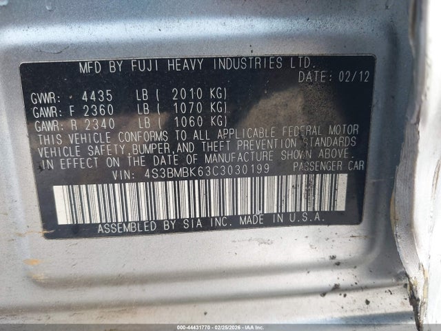 44431770 :رقم المزاد ، 4S3BMBK63C3030199 vin ، 2012 Subaru Legacy 2.5i Limited مزاد بيع
