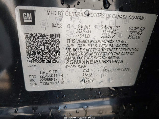 44431777 :رقم المزاد ، 2GNAXHEV9J6315978 vin ، 2018 Chevrolet Equinox Ls مزاد بيع