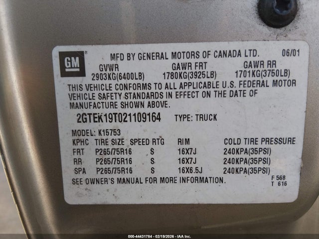 Aukcja sprzedaży 2002 Gmc Sierra 1500 Sle, vin: 2GTEK19T021109164, numer aukcji: 44431784